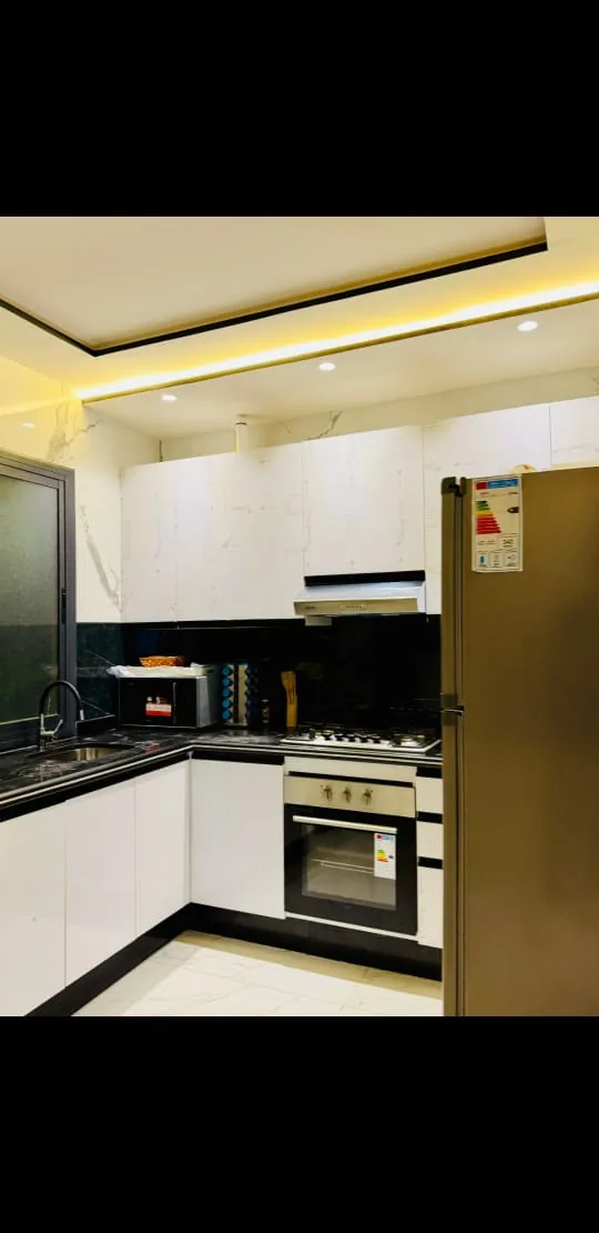 Equipped kitchen with oven, hob, microwave and refrigerator